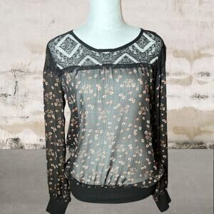 Metaphor Women's Black Sheer Flower Design Long Sleeve - Size Small